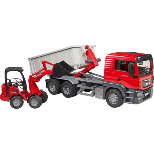MAN TGS met rolcontainer en Schäffer compacte lader 03767 Modelvoertuig