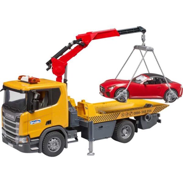 Scania Super 560R sleepwagen met kraan en licht en geluid + roadster sportauto Modelvoertuig